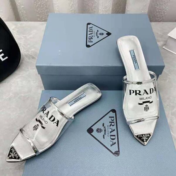 Prada Women Logo-Print Plexiglas Slides-Silver (7)