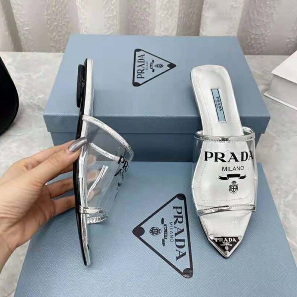 Prada Women Logo-Print Plexiglas Slides-Silver (9)