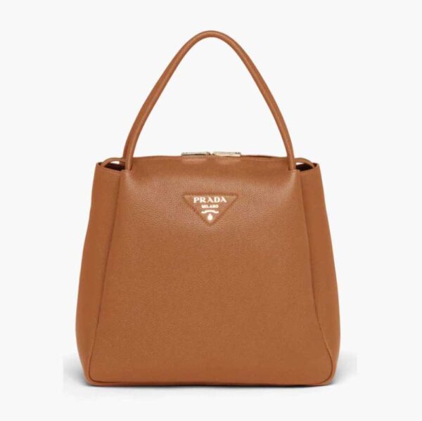 Prada Women Medium Leather handbag with the Prada Metal Lettering Logo Illuminating Its Center-brown (1)