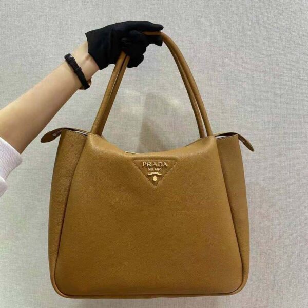 Prada Women Medium Leather handbag with the Prada Metal Lettering Logo Illuminating Its Center-brown (2)