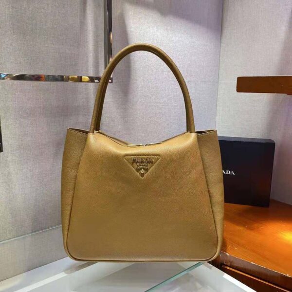 Prada Women Medium Leather handbag with the Prada Metal Lettering Logo Illuminating Its Center-brown (3)