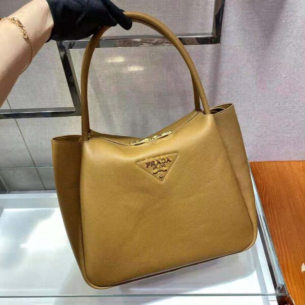 Prada Women Medium Leather handbag with the Prada Metal Lettering Logo Illuminating Its Center-brown (4)