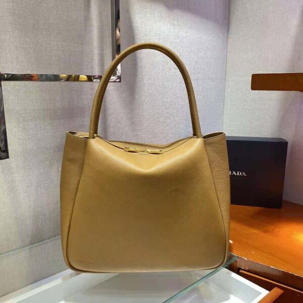 Prada Women Medium Leather handbag with the Prada Metal Lettering Logo Illuminating Its Center-brown (7)