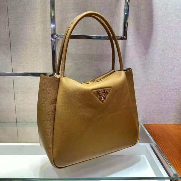 Prada Women Medium Leather handbag with the Prada Metal Lettering Logo Illuminating Its Center-brown (8)