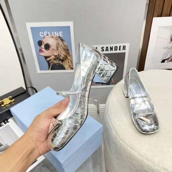 Prada Women Metallic Leather Pumps in 45mm Heel Height-Silver (5)