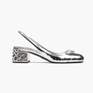 Prada Women Metallic Leather Slingback Pumps in 45mm Heel Height-Silver