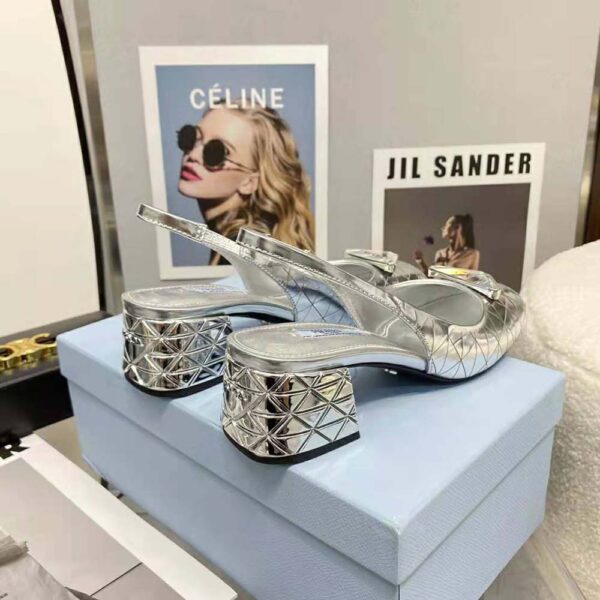 Prada Women Metallic Leather Slingback Pumps in 45mm Heel Height-Silver (6)