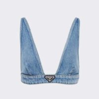 Prada Women Organic Denim Top with Plunging V Neck is Made of Washed Organic Denim-Blue