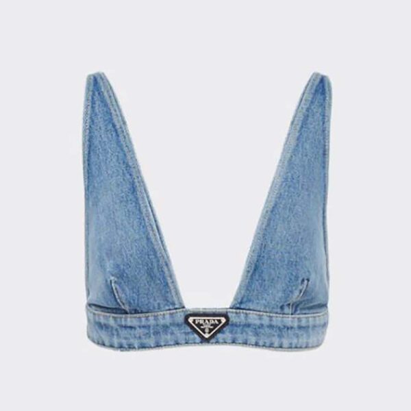 Prada Women Organic Denim Top with Plunging V Neck is Made of Washed Organic Denim-Blue (1)