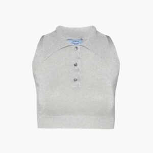 Prada Women Ribbed Knit Lurex Crop Top-Silver