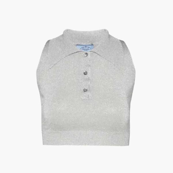 Prada Women Ribbed Knit Lurex Crop Top-Silver (1)