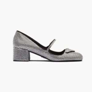 Prada Women Satin Pumps with Crystals in 45mm Heel Height-Silver