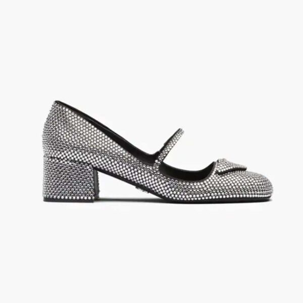 Prada Women Satin Pumps with Crystals in 45mm Heel Height-Silver (1)