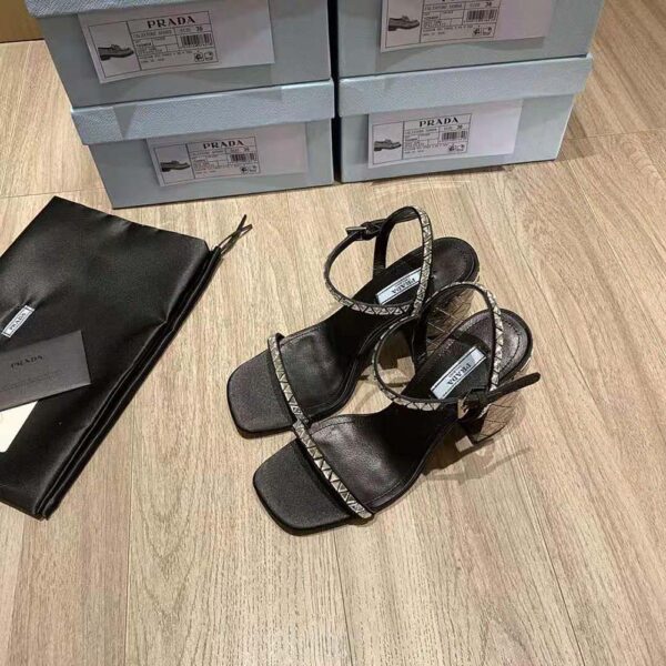 Prada Women Satin Sandals with Crystals in 90mm Heel Height-Black (4)