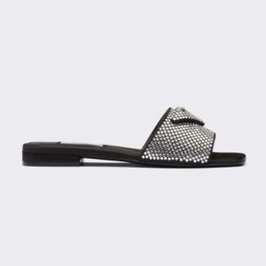 Prada Women Satin Slides with Crystals-Black