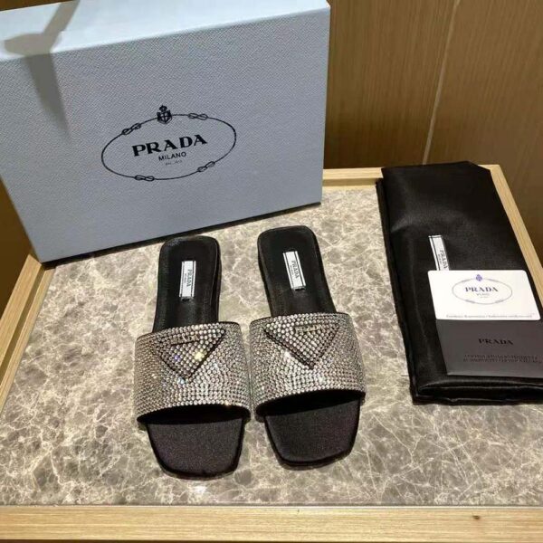Prada Women Satin Slides with Crystals-Black (2)