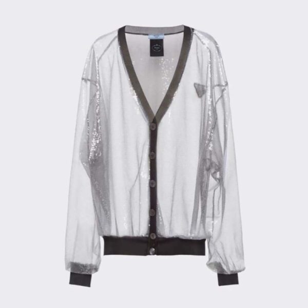 Prada Women Sequin-Embroidered Tulle Cardigan-Black (1)