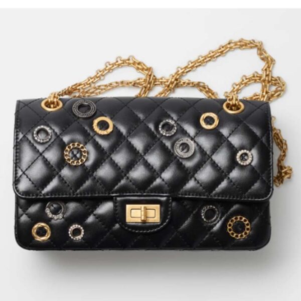 Chanel Women CC 2.55 Handbag Calfskin Strass Glass Pearls Gold Silver Tone Black (9)