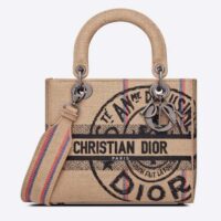 Dior Unisex CD Medium Lady D-Lite Bag Beige Jute Canvas Embroidered Dior Union Motif (3)