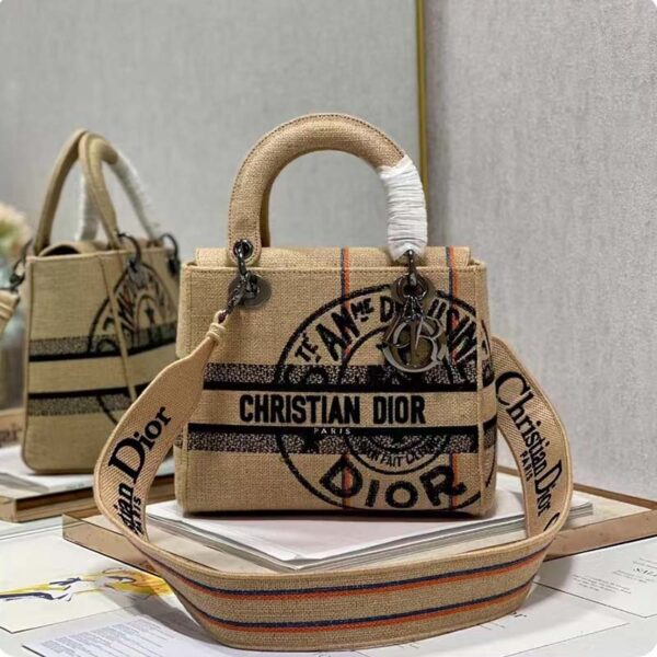 Dior Unisex CD Medium Lady D-Lite Bag Beige Jute Canvas Embroidered Dior Union Motif (7)