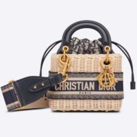 Dior Unisex CD Mini Lady Dior Bag Natural Wicker Blue Dior Oblique Jacquard (5)