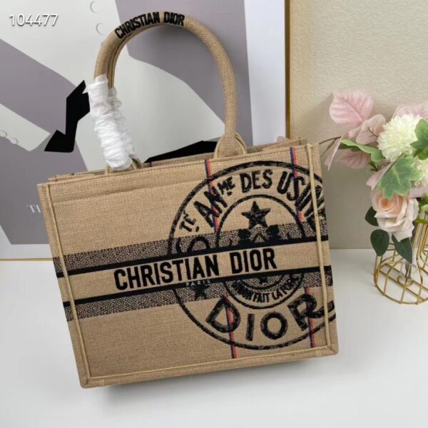 Dior Women CD Medium Book Tote Beige Jute Canvas Embroidered Union Motif (4)