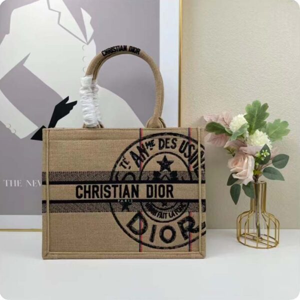 Dior Women CD Medium Book Tote Beige Jute Canvas Embroidered Union Motif (5)