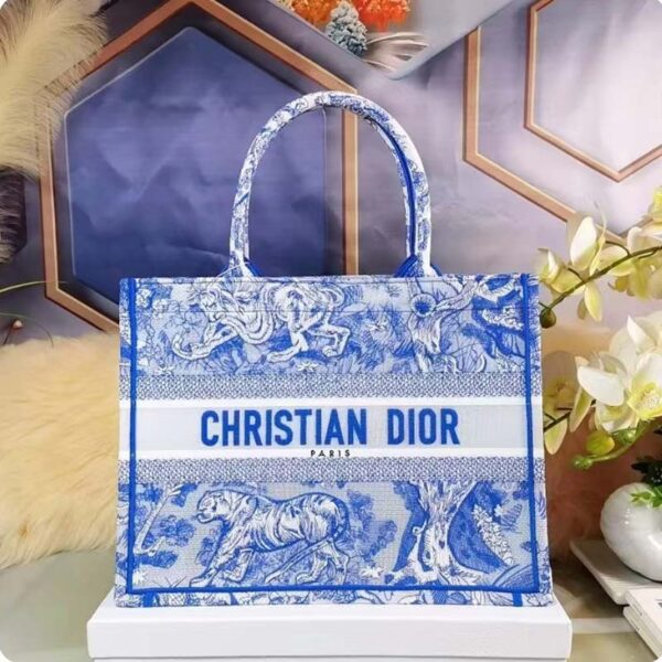 Dior Women CD Medium Book Tote Fluorescent Blue Toile De Jouy Reverse Embroidery (5)