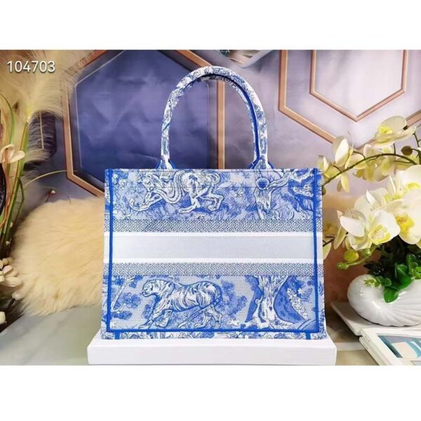 Dior Women CD Medium Book Tote Fluorescent Blue Toile De Jouy Reverse Embroidery (6)