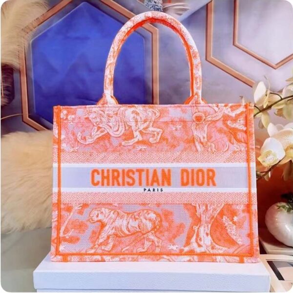 Dior Women CD Medium Book Tote Fluorescent Orange Toile De Jouy Reverse Embroidery (1)