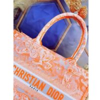 Dior Women CD Medium Book Tote Fluorescent Orange Toile De Jouy Reverse Embroidery (8)