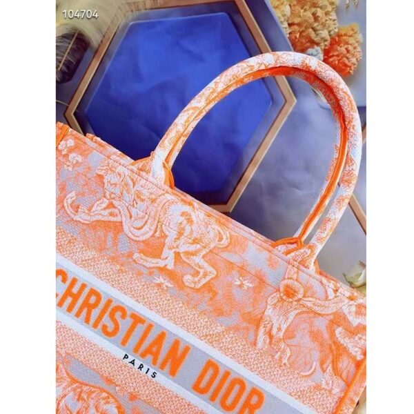 Dior Women CD Medium Book Tote Fluorescent Orange Toile De Jouy Reverse Embroidery (3)