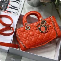 Dior Women Lady D-Joy Bag Bright Orange Cannage Lambskin (1)