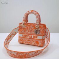 Dior Women Medium Lady D-Lite Bag Fluorescent Orange Toile De Jouy Reverse Embroidery (6)