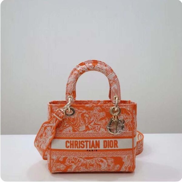 Dior Women Medium Lady D-Lite Bag Fluorescent Orange Toile De Jouy Reverse Embroidery (8)