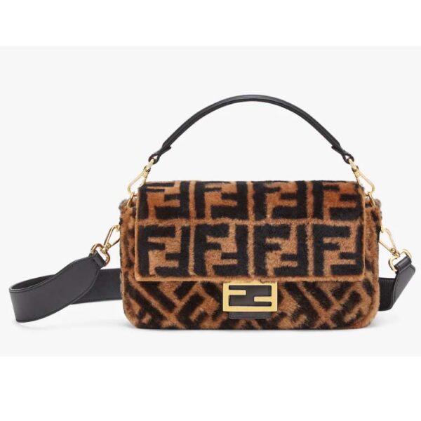 Fendi Women FF Baguette Brown Sheepskin Sheep Fur Calfskin Bag (16)