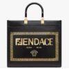 Fendi Women FF Sunshine Medium Fendace Printed Black Leather Logo Shopper