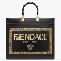 Fendi Women FF Sunshine Medium Fendace Printed Black Leather Logo Shopper (10)