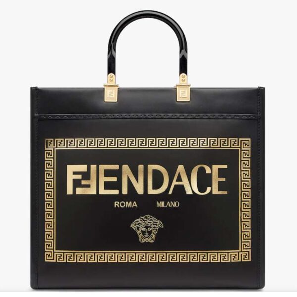 Fendi Women FF Sunshine Medium Fendace Printed Black Leather Logo Shopper (10)