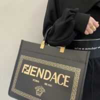 Fendi Women FF Sunshine Medium Fendace Printed Black Leather Logo Shopper (10)