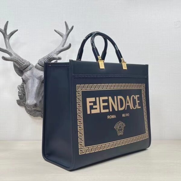 Fendi Women FF Sunshine Medium Fendace Printed Black Leather Logo Shopper (8)