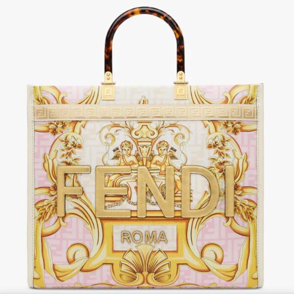 Fendi Women Fendi Sunshine Medium Fendace Printed FF White Leather Shopper (7)