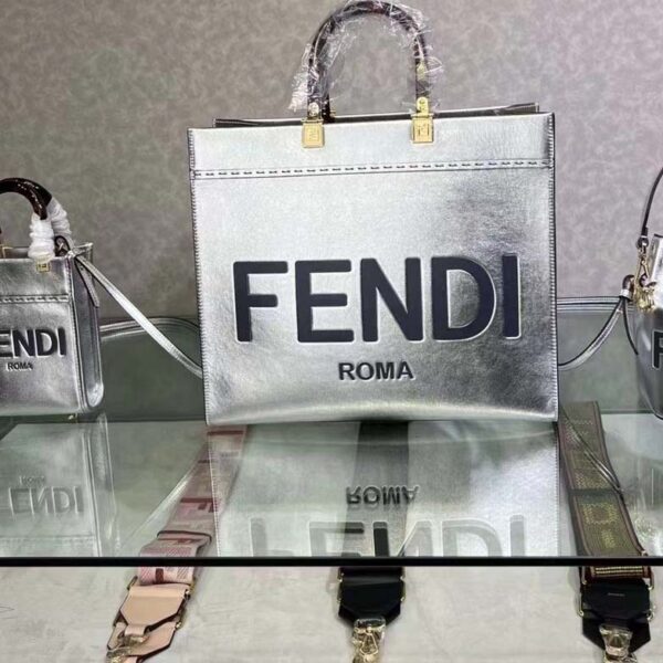 Fendi Women Fendi Sunshine Medium Silver Laminated Leather Shopper (4)