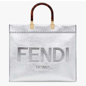 Fendi Women Fendi Sunshine Medium Silver Laminated Leather Shopper