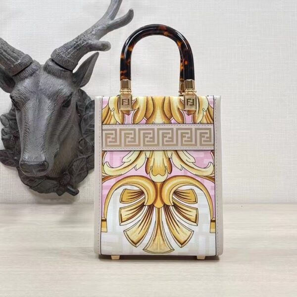 Fendi Women Mini Sunshine Shopper Fendace Printed White FF Leather Mini Bag (1)