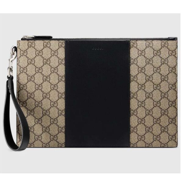 Gucci Unisex GG Supreme Pouch Beige Ebony GG Supreme Canvas Black Leather (2)