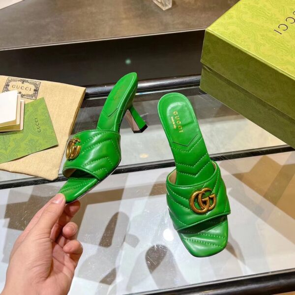 Gucci Women GG Double G Slide Sandal Emerald Green Chevron Matelassé Leather 7.6 cm Heel (3)