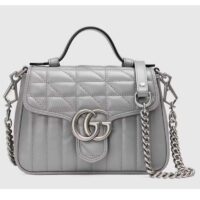 Gucci Women GG Marmont Mini Top Handle Bag Grey Matelassé Leather Double G (4)