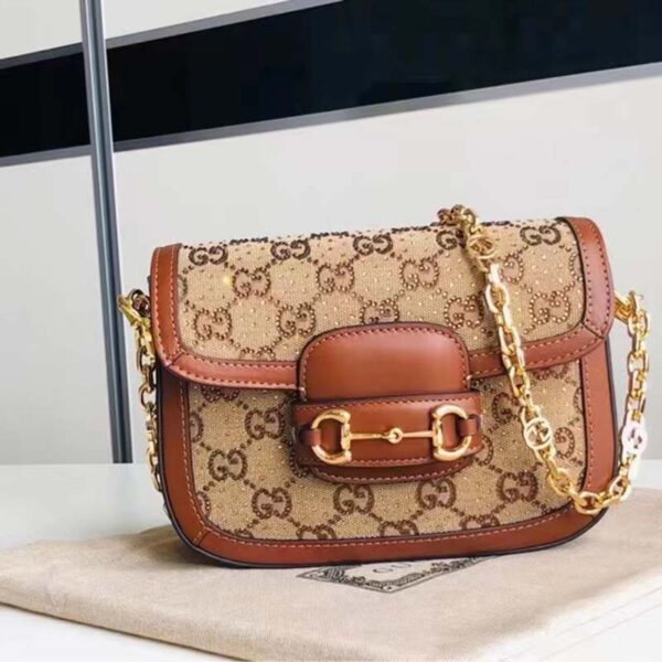 Gucci Women Horsebit 1955 GG Mini Bag Camel Ebony GG Canvas Crystals (6)
