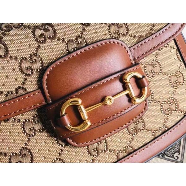 Gucci Women Horsebit 1955 GG Mini Bag Camel Ebony GG Canvas Crystals (9)